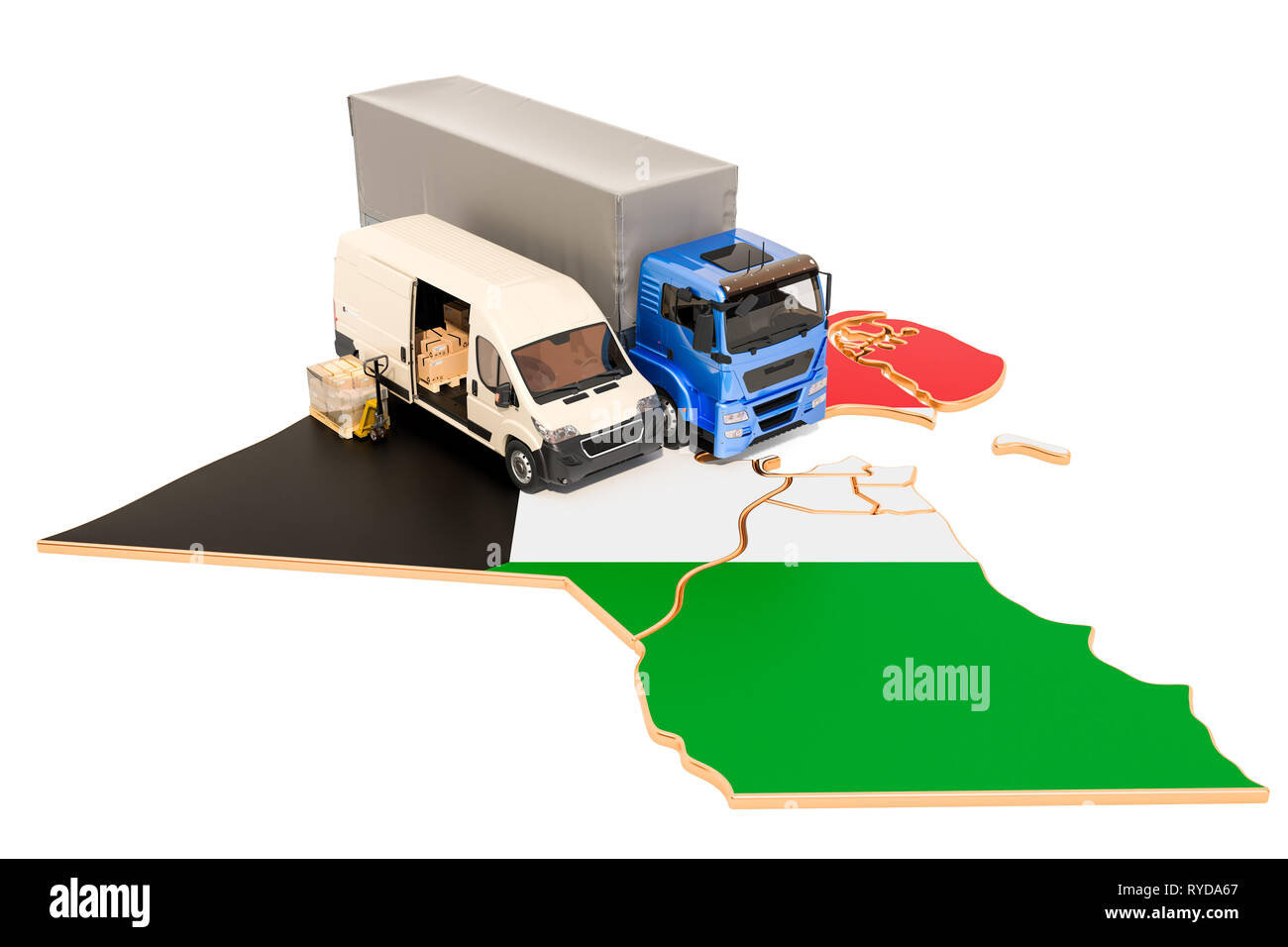 Versand und Lieferung in Kuwait, 3D-Rendering auf weißem Hintergrund Stockfoto