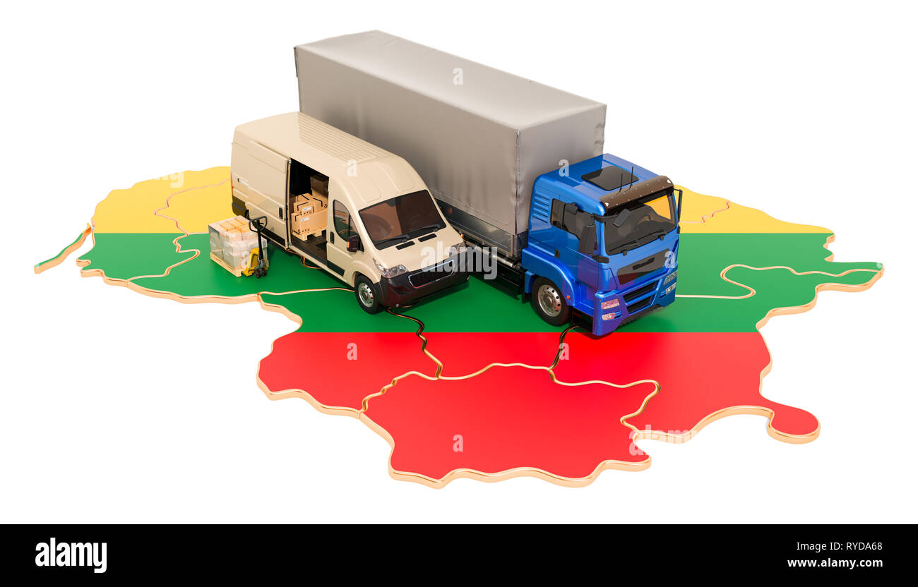 Versand und Lieferung in Litauen, 3D-Rendering auf weißem Hintergrund Stockfoto