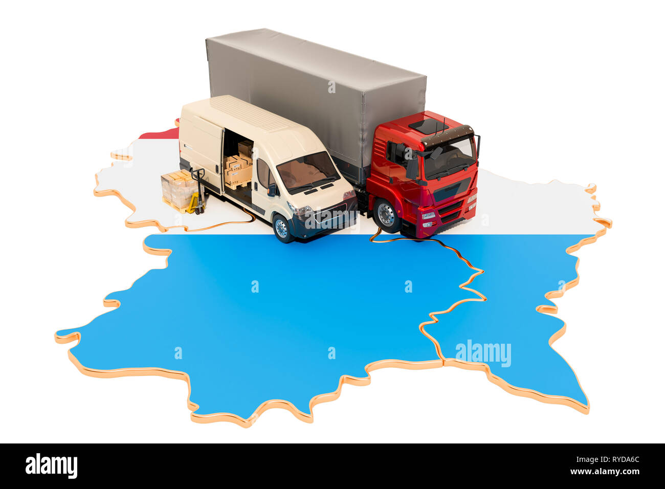 Versand und Lieferung in Luxemburg, 3D-Rendering auf weißem Hintergrund Stockfoto