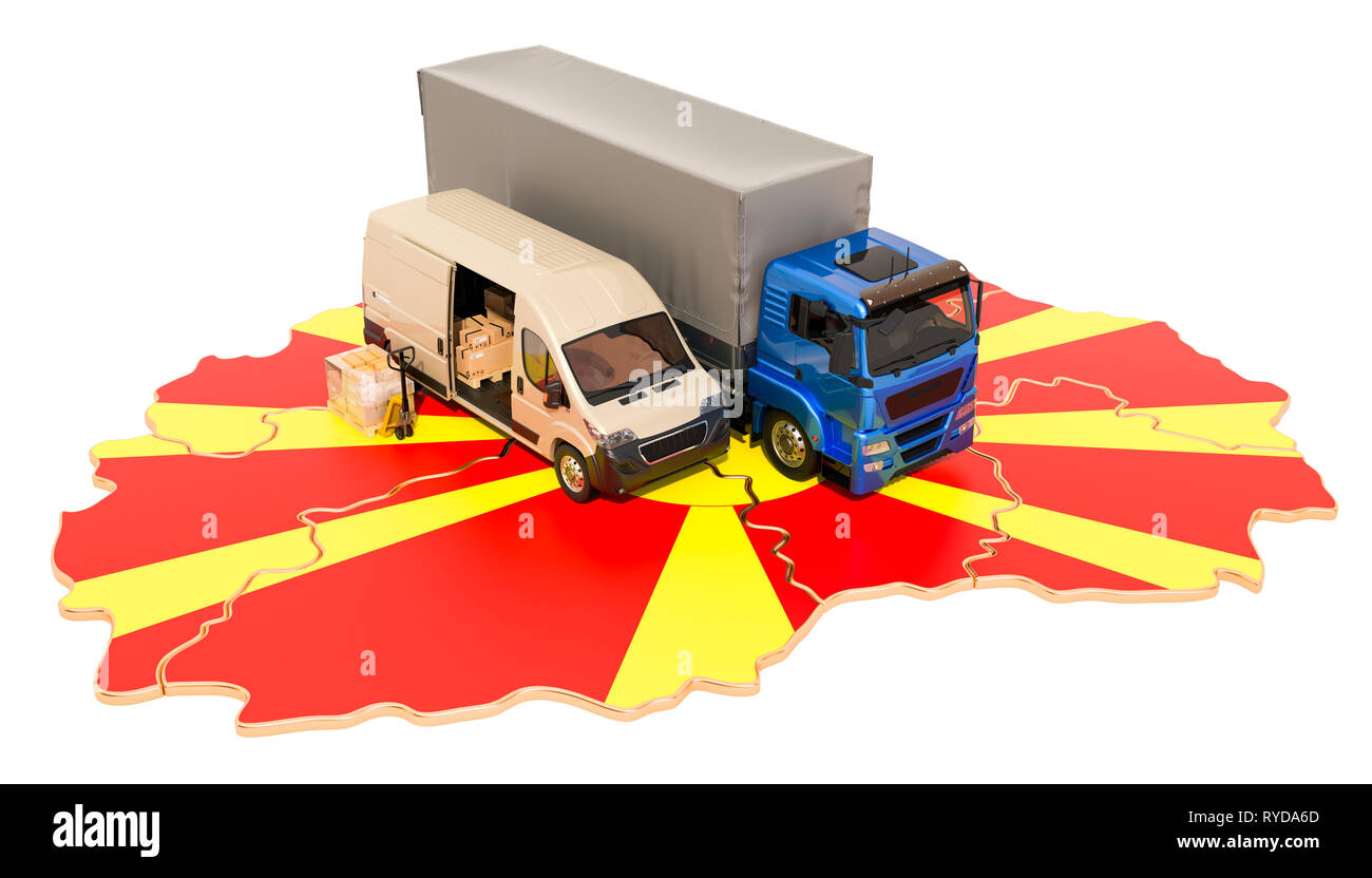 Versand und Lieferung in Mazedonien, 3D-Rendering auf weißem Hintergrund Stockfoto