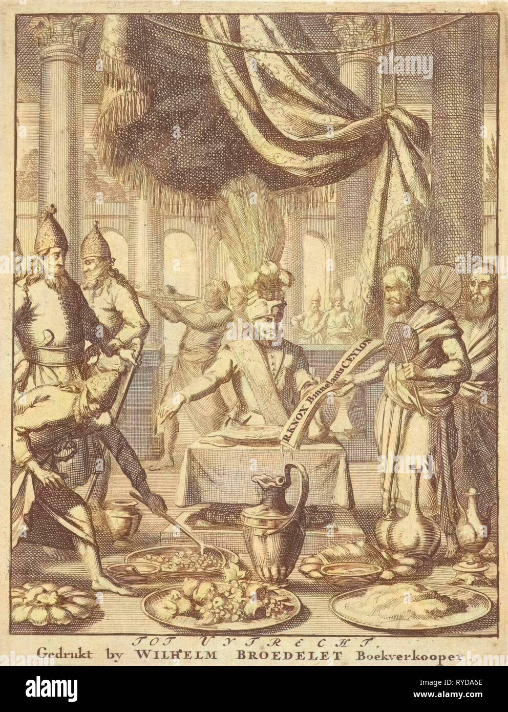 Zwei Priester bieten einem König ein Buch während einer Mahlzeit, Jan Luyken, Willem Broedelet, 1692 Stockfoto
