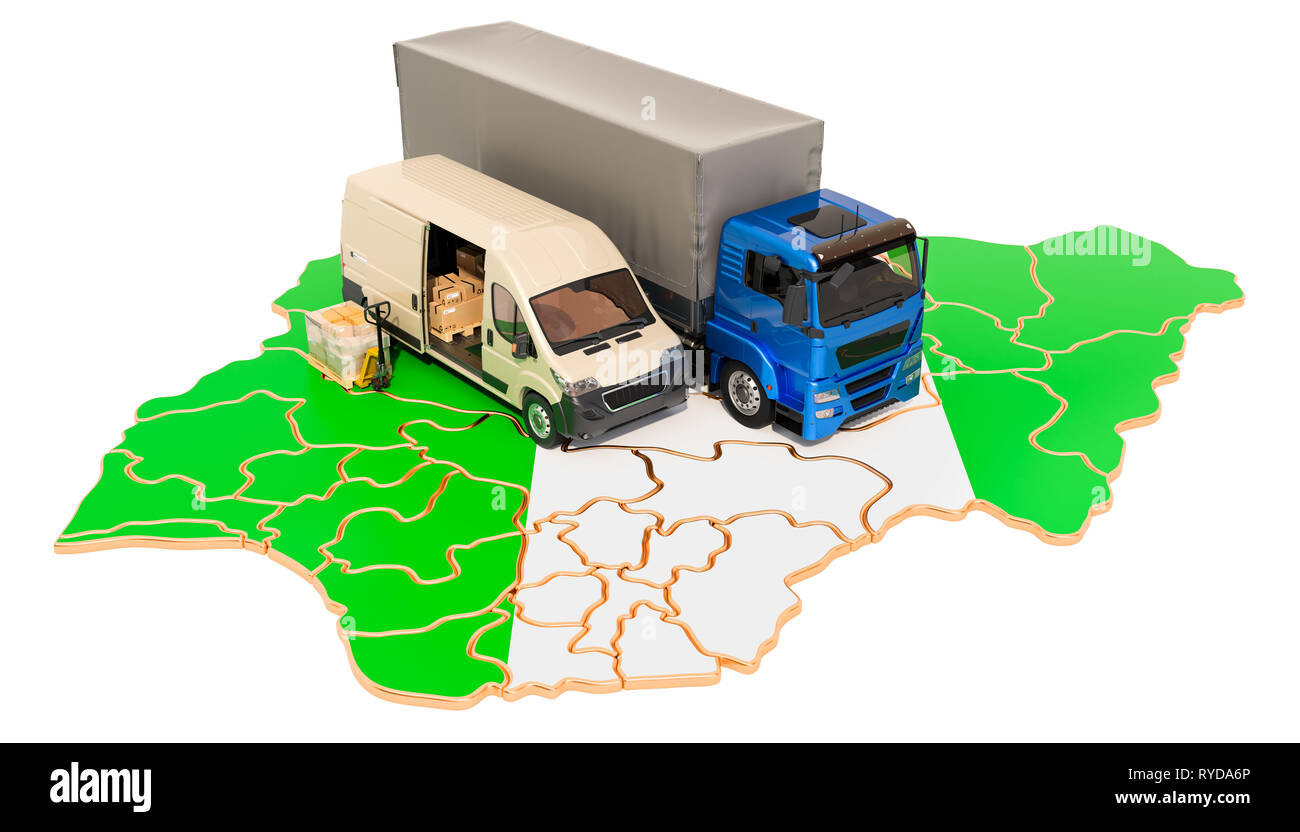 Versand und Lieferung in Nigeria, 3D-Rendering auf weißem Hintergrund Stockfoto