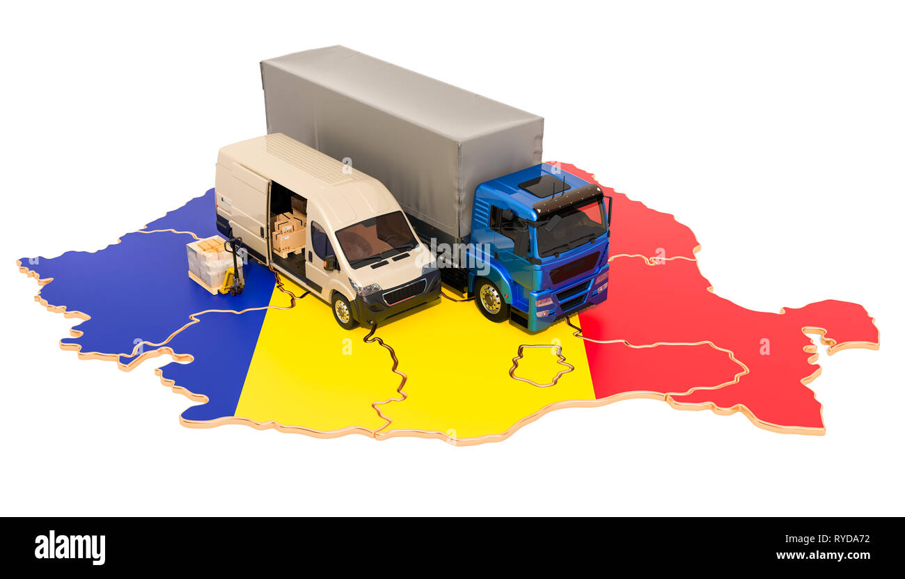 Versand und Lieferung in Rumänien, 3D-Rendering auf weißem Hintergrund Stockfoto