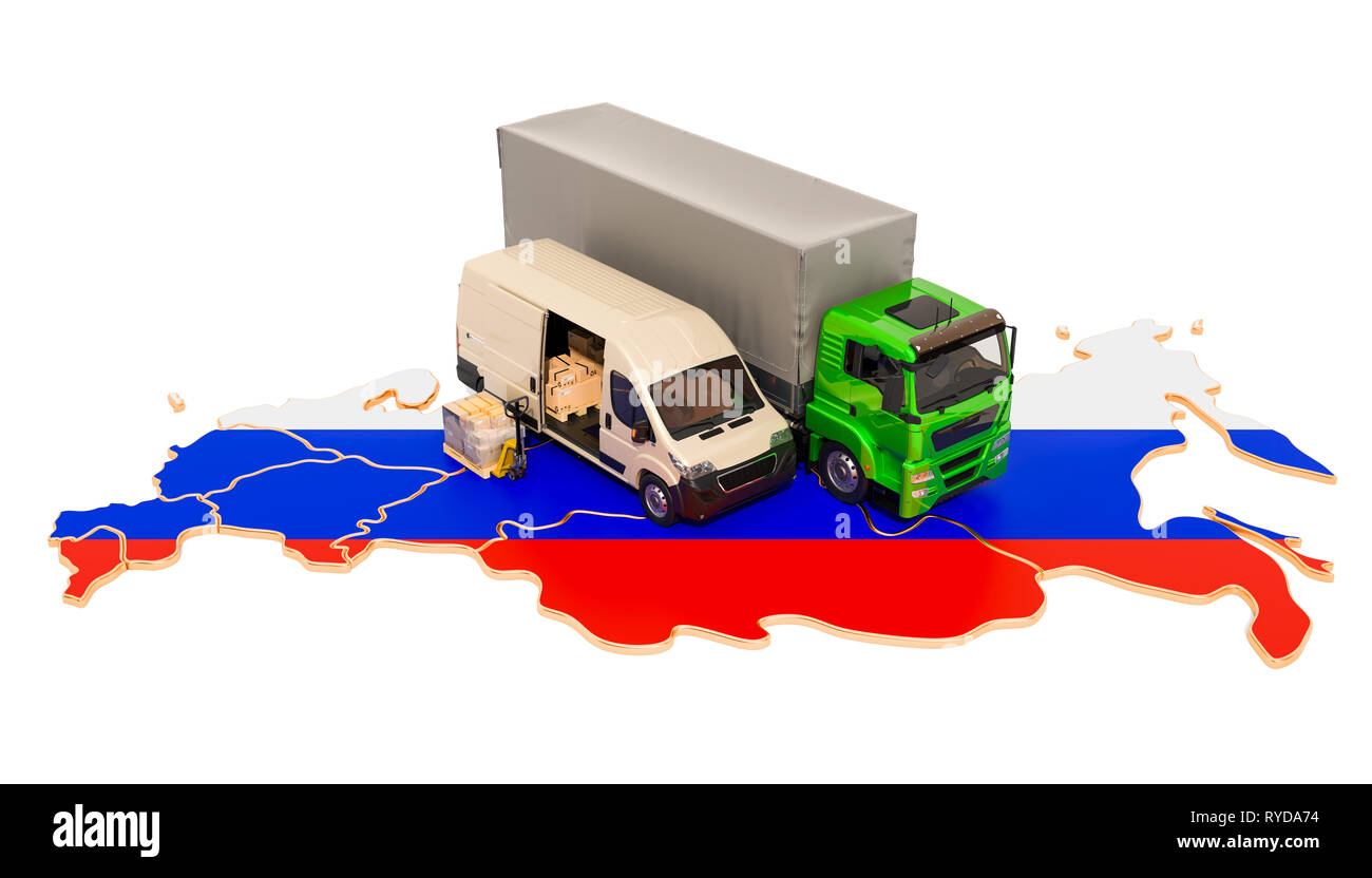 Versand und Lieferung in Russland, 3D-Rendering auf weißem Hintergrund Stockfoto