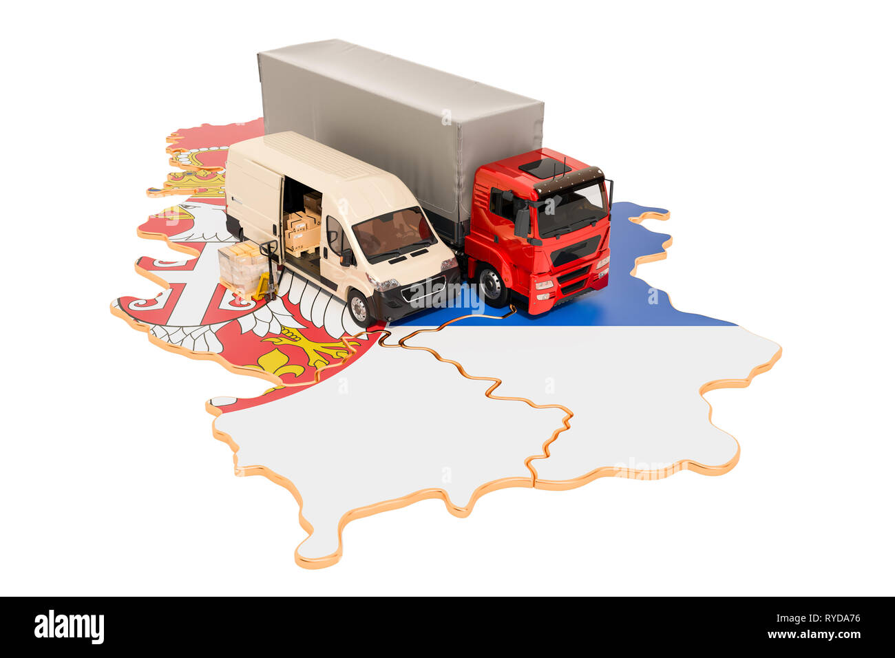 Versand und Lieferung in Serbien, 3D-Rendering auf weißem Hintergrund Stockfoto