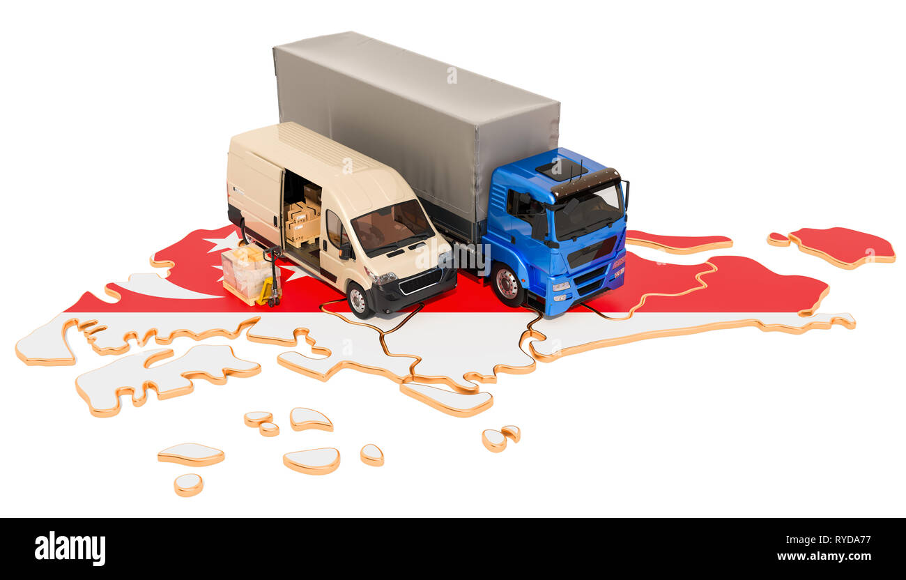 Versand und Lieferung in Singapur, 3D-Rendering auf weißem Hintergrund Stockfoto