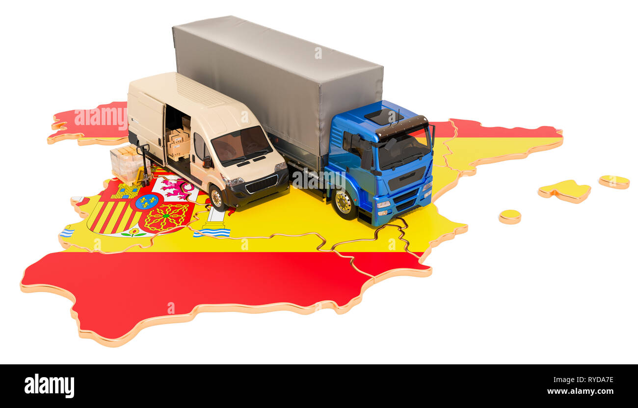 Versand und Lieferung in Spanien, 3D-Rendering auf weißem Hintergrund Stockfoto