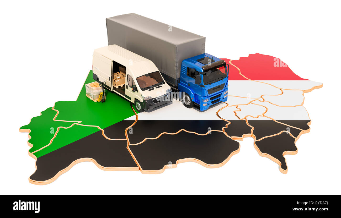 Versand und Lieferung im Sudan, 3D-Rendering auf weißem Hintergrund Stockfoto