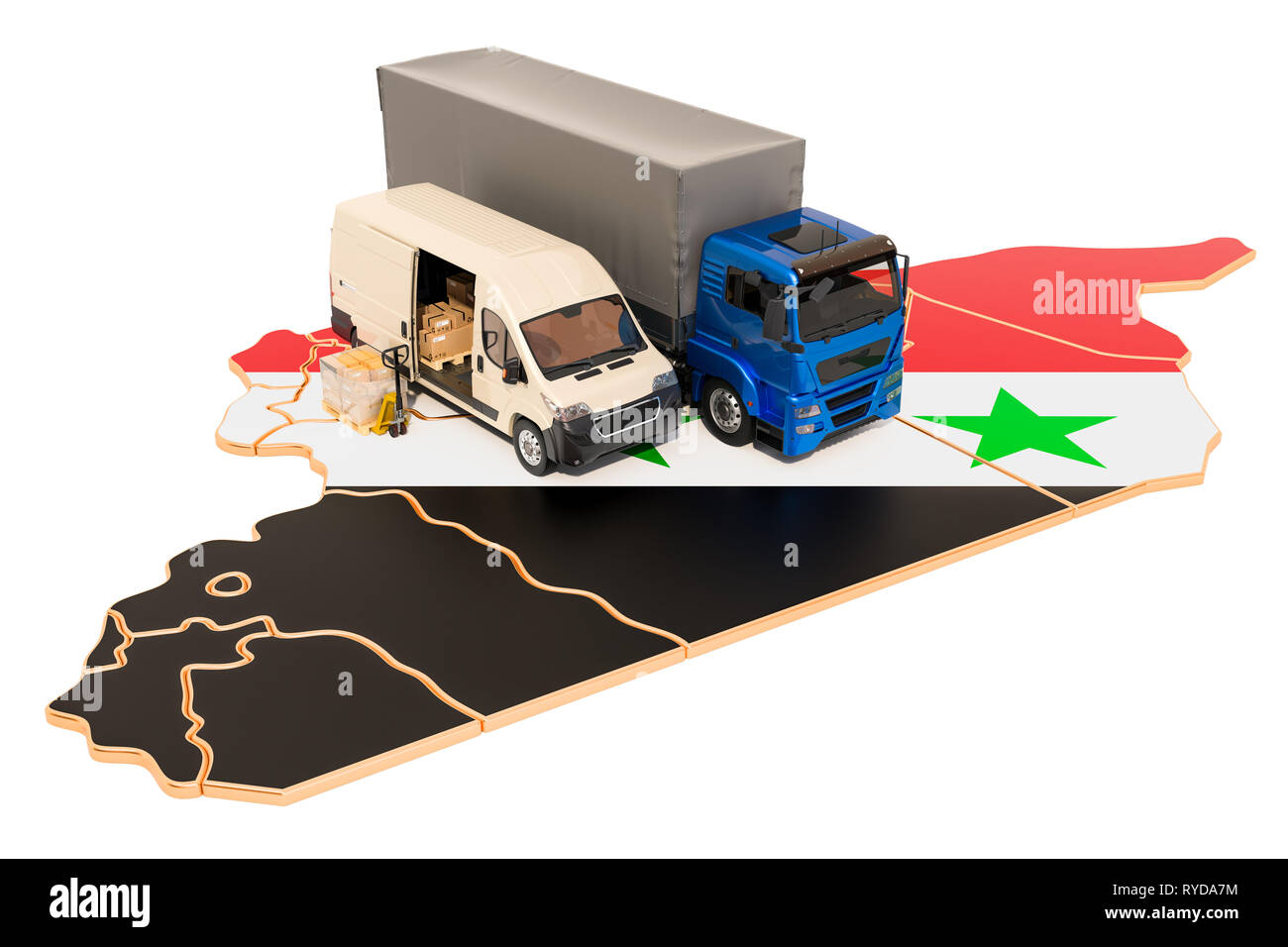 Versand und Lieferung in Syrien, 3D-Rendering auf weißem Hintergrund Stockfoto
