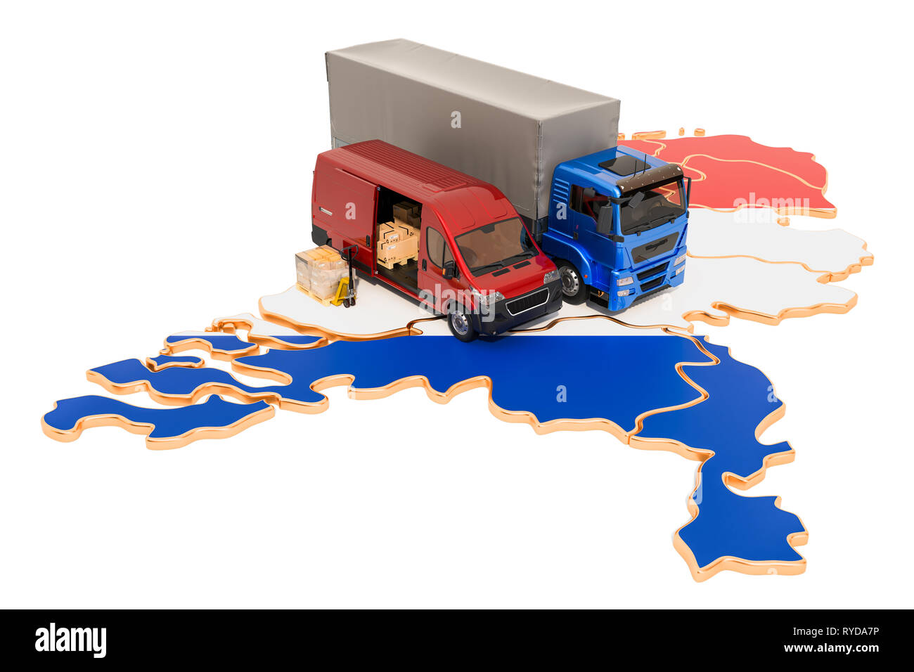 Versand und Lieferung in die Niederlande, 3D-Rendering auf weißem Hintergrund Stockfoto