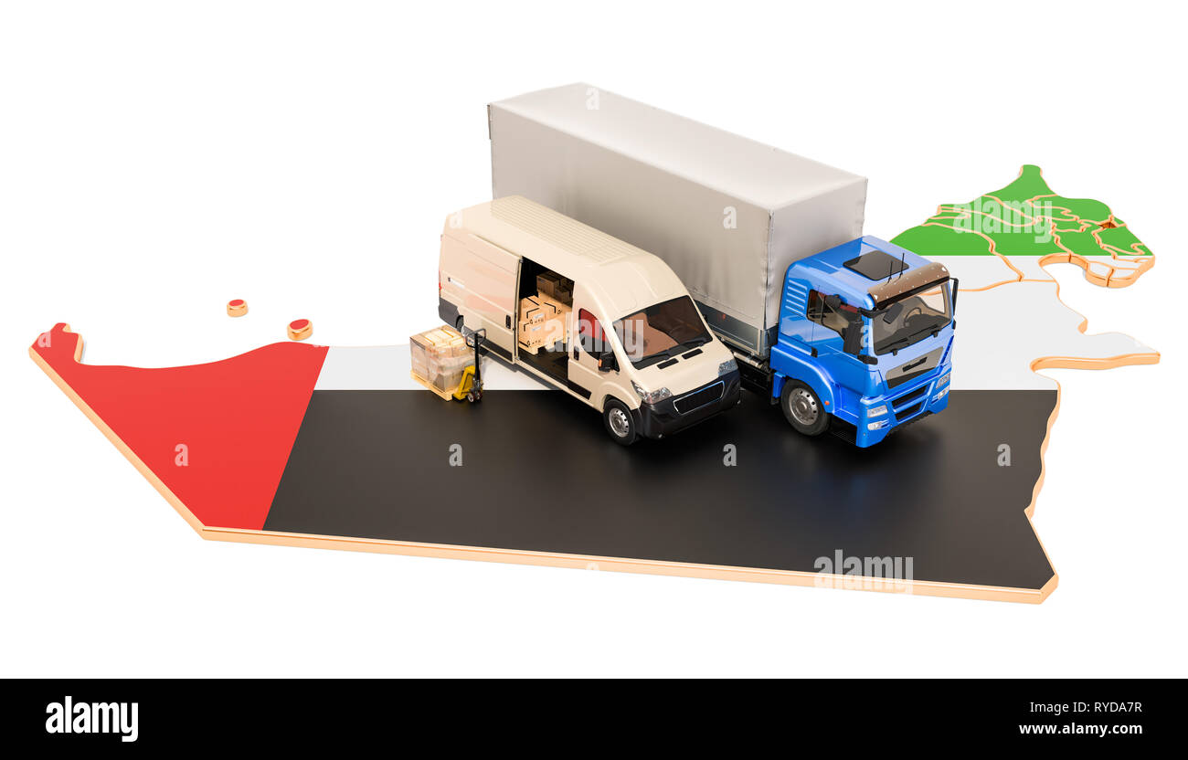 Versand und Lieferung in den VAE, 3D-Rendering auf weißem Hintergrund Stockfoto