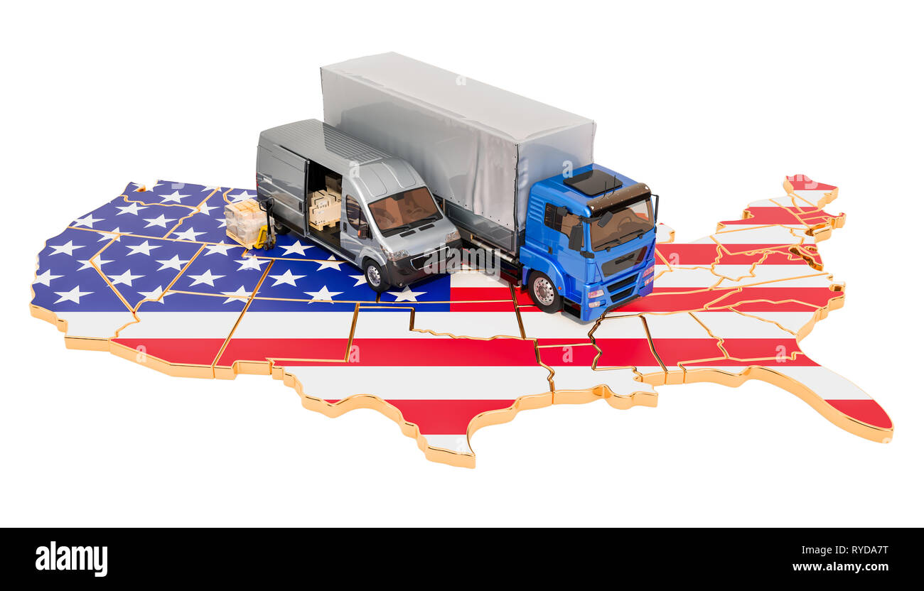 Versand und Lieferung in die USA, 3D-Rendering auf weißem Hintergrund Stockfoto