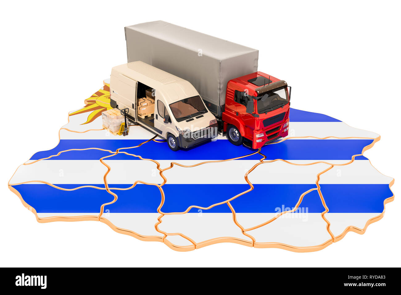 Versand und Lieferung in Uruguay, 3D-Rendering auf weißem Hintergrund Stockfoto