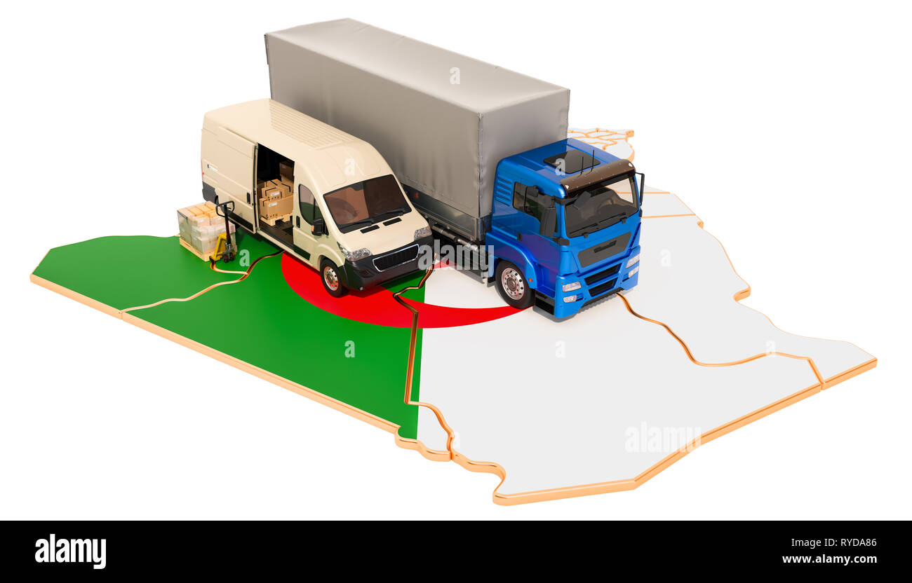 Versand und Lieferung in Algerien, 3D-Rendering auf weißem Hintergrund Stockfoto