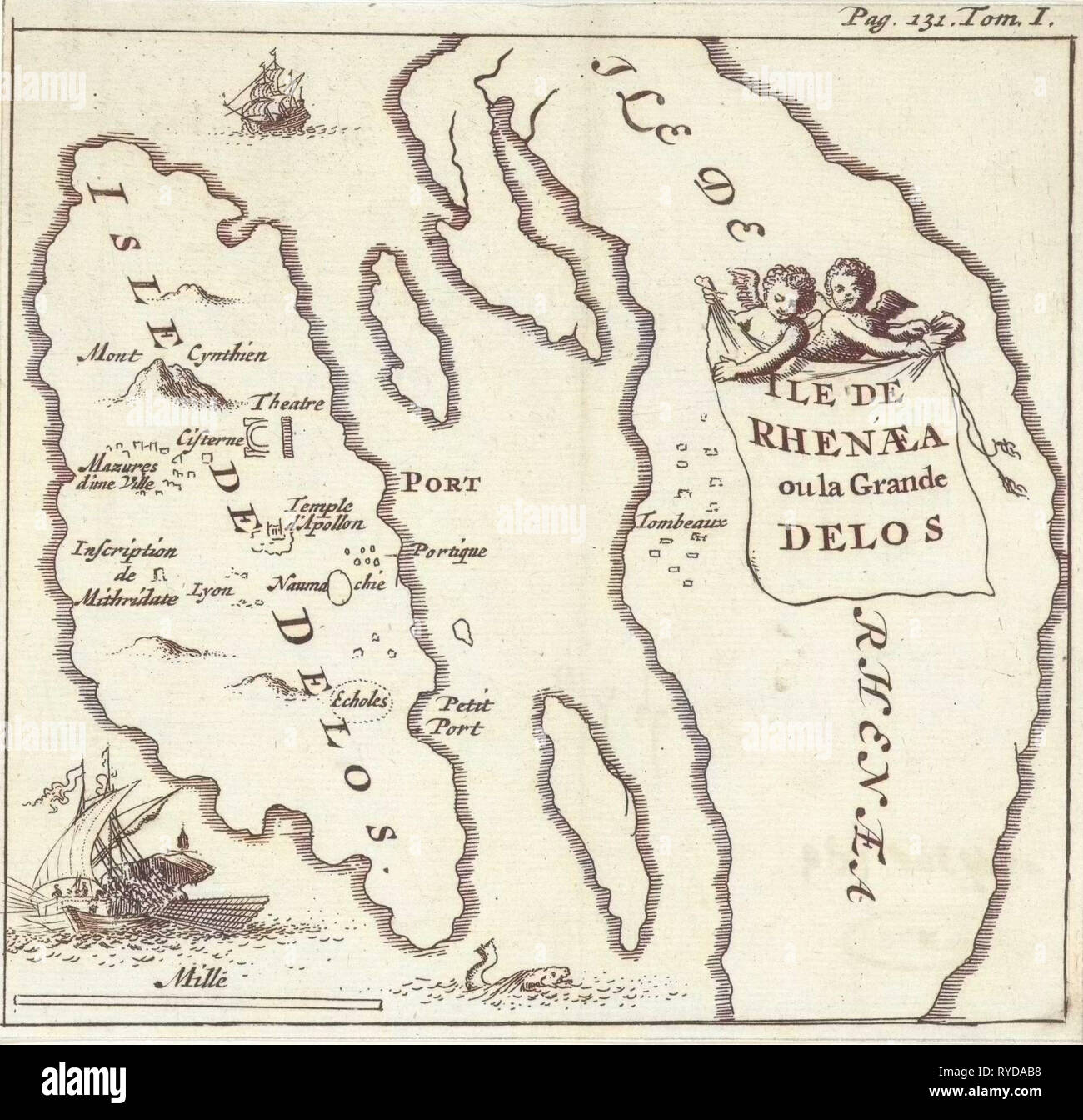 Karte der Kykladeninseln Delos und Rhenia, Griechenland, Jan Luyken, Hendrick und Dirk Boom, 1679 Stockfoto