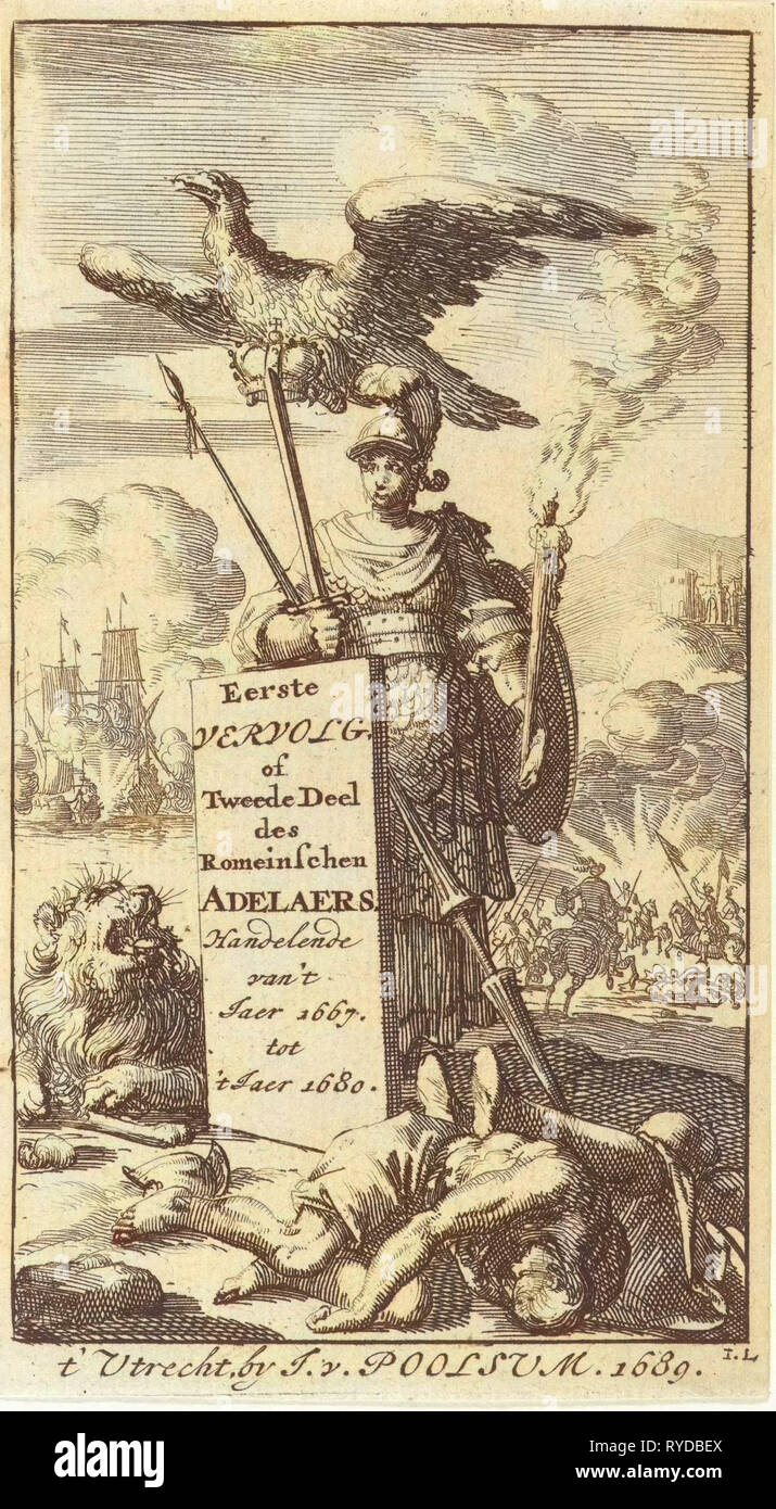 Bellona mit Schwert und Speer bewaffnet, vor ihr ein Adler fliegt mit einer Krone in seinen Klauen, Jan Luyken, Jurriaen van Poolsum, 1689 Stockfoto