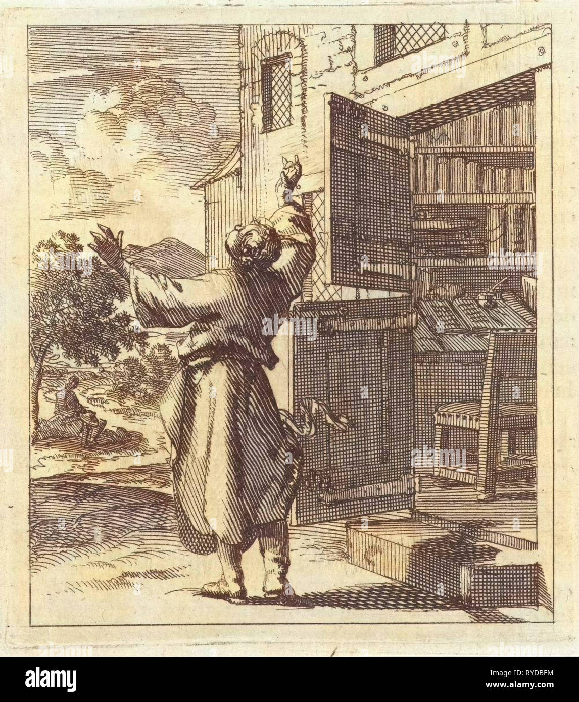 Mann hat seine Studie zu sehen, über den Himmel, Jan Luyken, Mi verlassen. Pieter Arentsz (II), 1689 Stockfoto