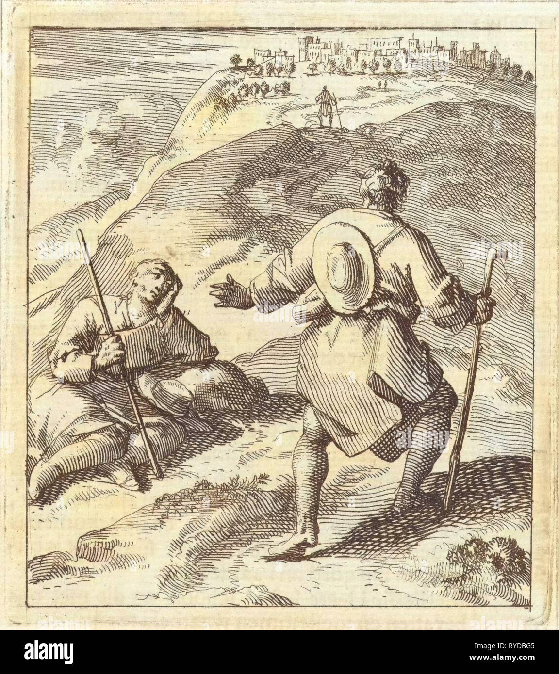 Pilger trifft einen anderen Pilger. Jan Luyken, Mi. Pieter Arentsz (II), 1689 Stockfoto