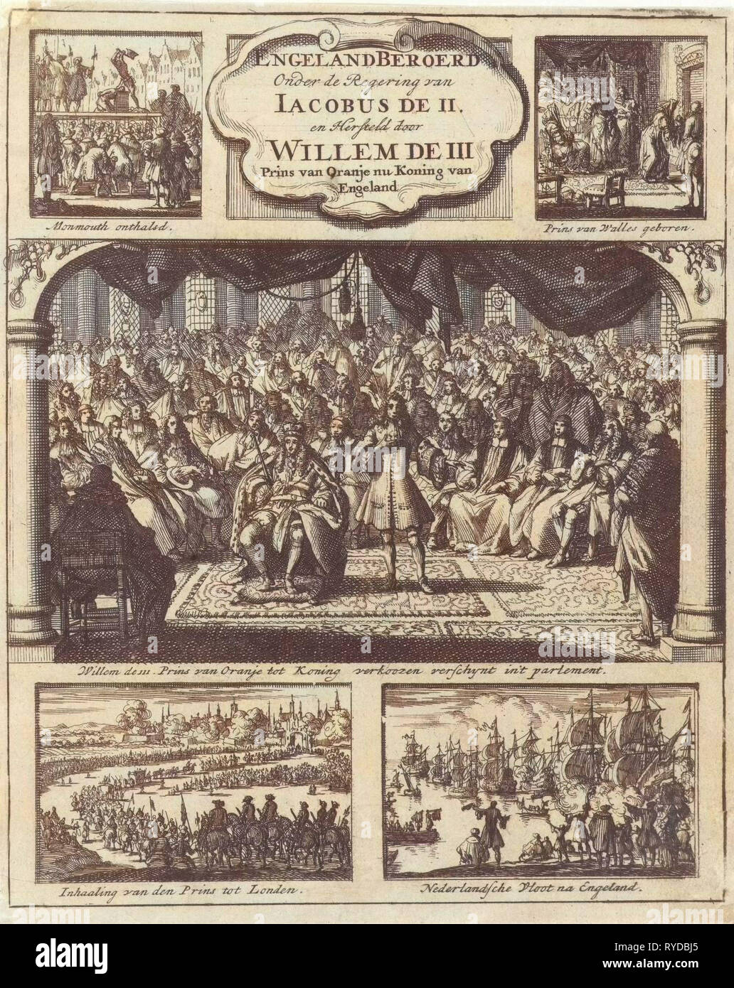 Wilhelm III. besucht eine Sitzung des Parlaments im Jahre 1689 als König, Jan Luyken, Jan Claesz Ten Hoorn, 1689 Stockfoto
