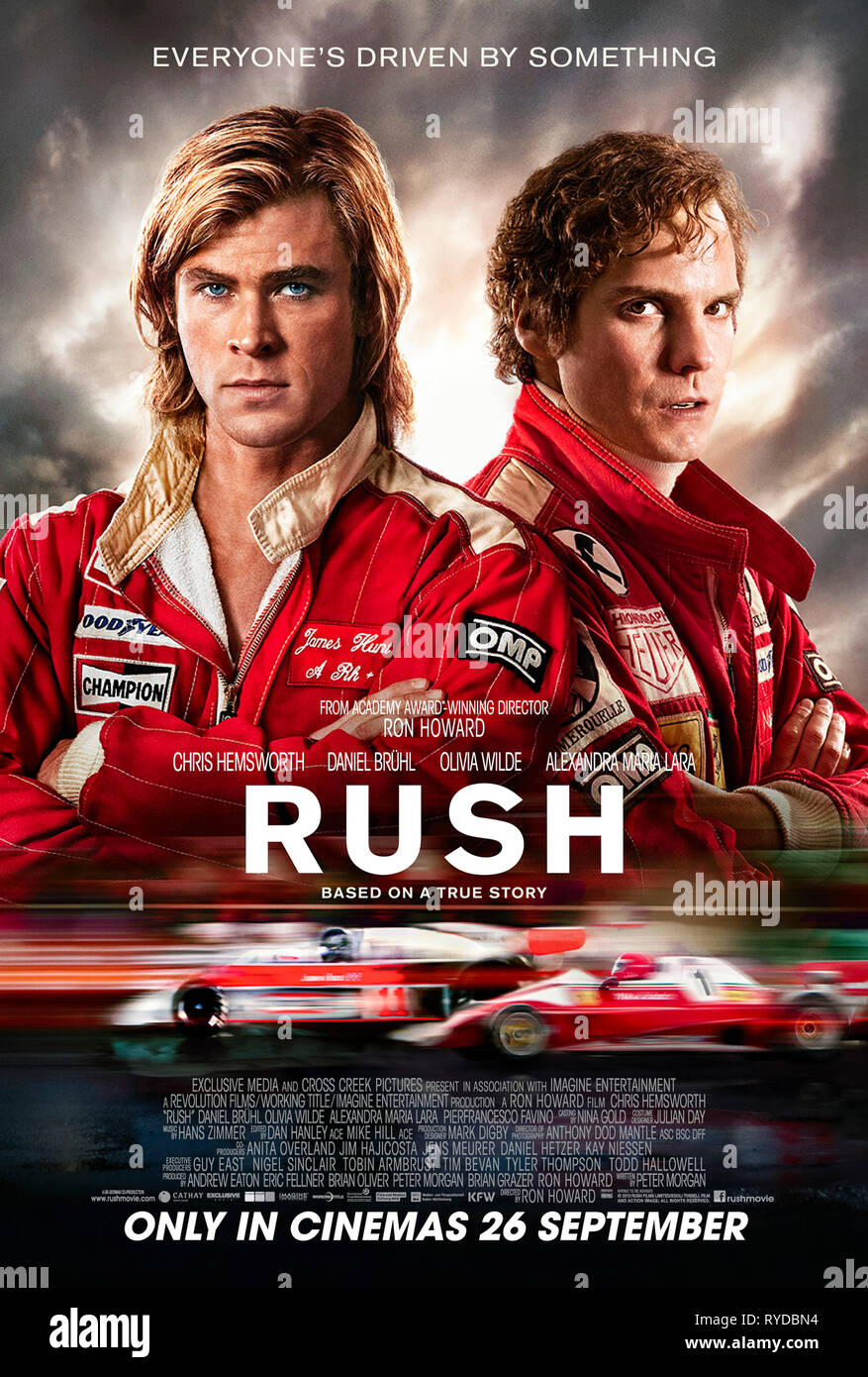 Rush (2013) von Ron Howard Regie und Hauptdarsteller Daniel Brühl, Chris Hemsworth und Olivia Wilde. Biopic über den legendären Rivalen zwischen Formel 1 riesen James Hunt und Niki Lauda. Stockfoto