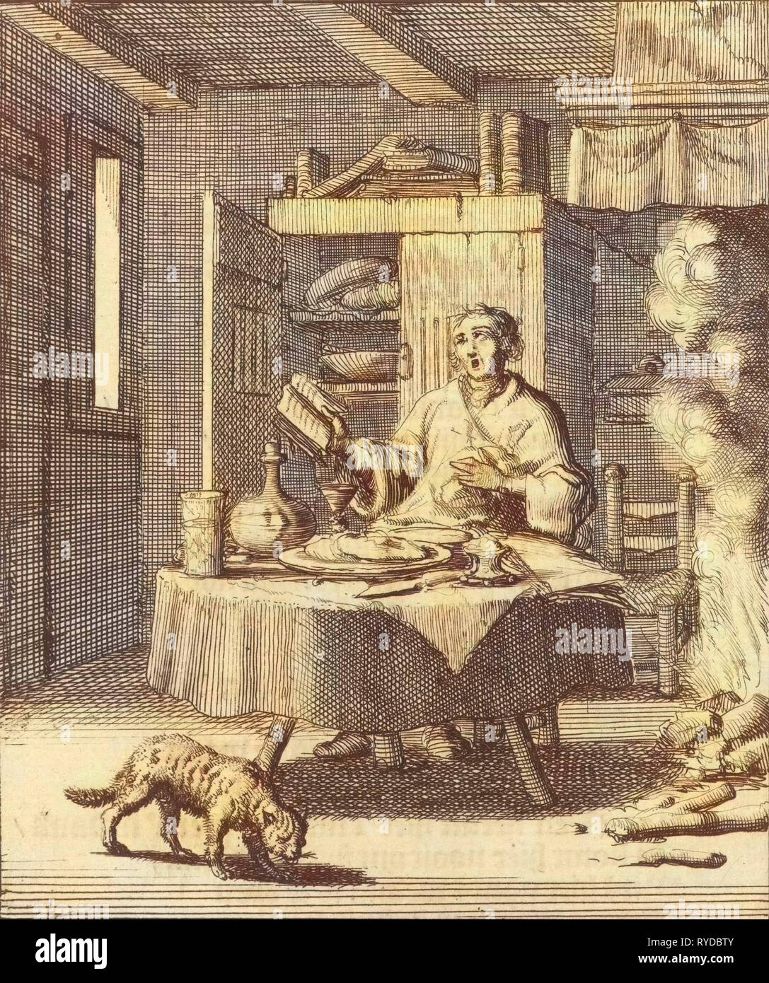 Der Schriftsteller William Verschluss sitzt an einem Tisch und singt nach den Mahlzeiten aus einem Psalter, Jan Luyken, Gerbrandt Schagen, 1687 Stockfoto