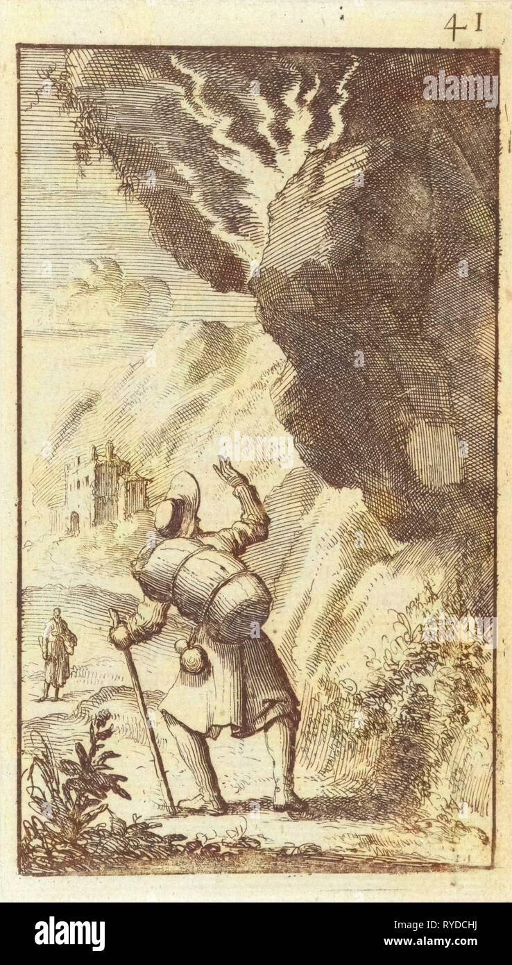 Christian fürchtet erdrückt von einem fallenden Felsbrocken, Jan Luyken, Johannes Boekholt, 1684 Stockfoto