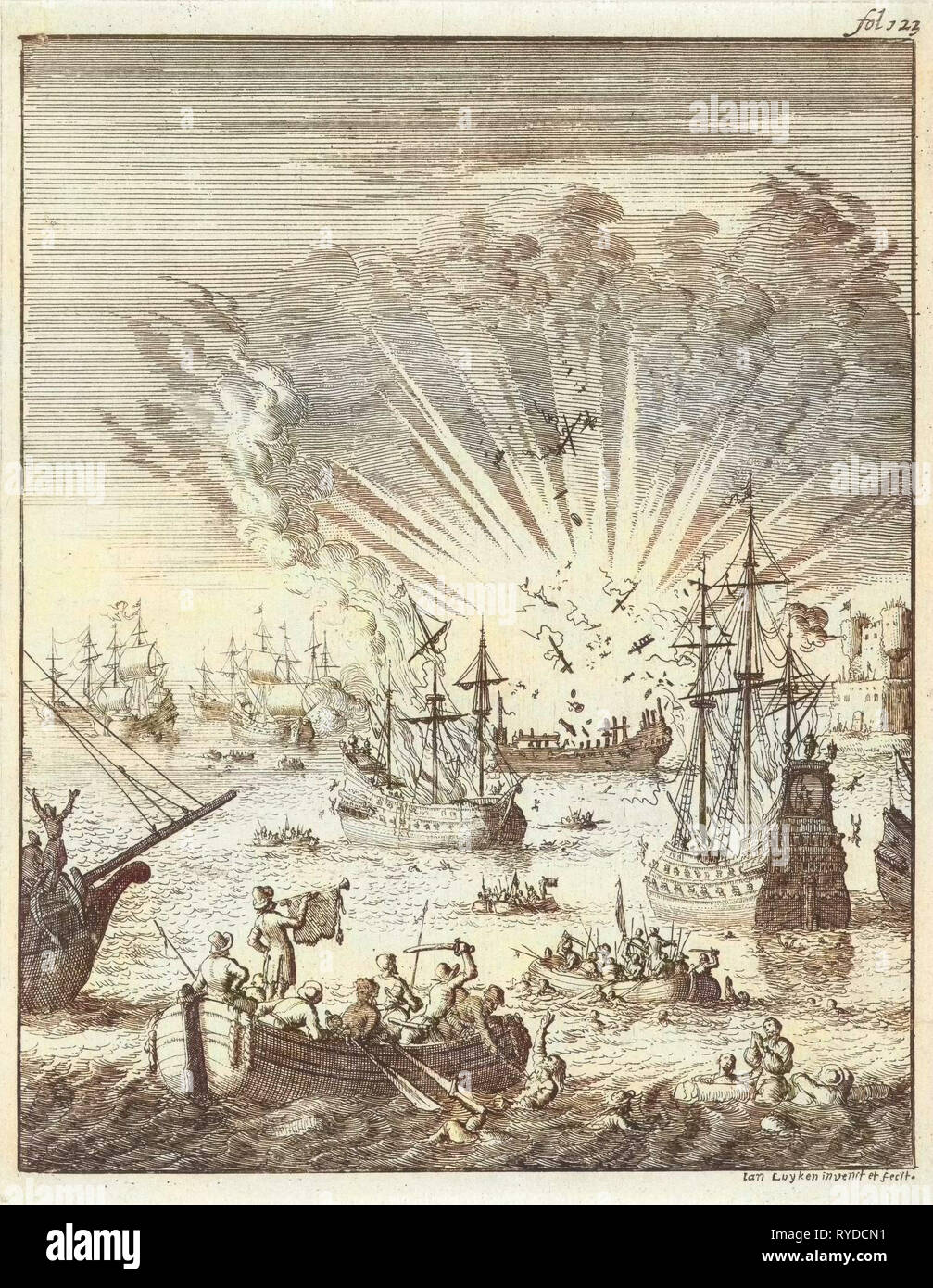 Seeschlacht zwischen niederländischen und spanischen Schiffe vor der Küste von Goa Indien, 1638, Jan Luyken, 1683 Stockfoto