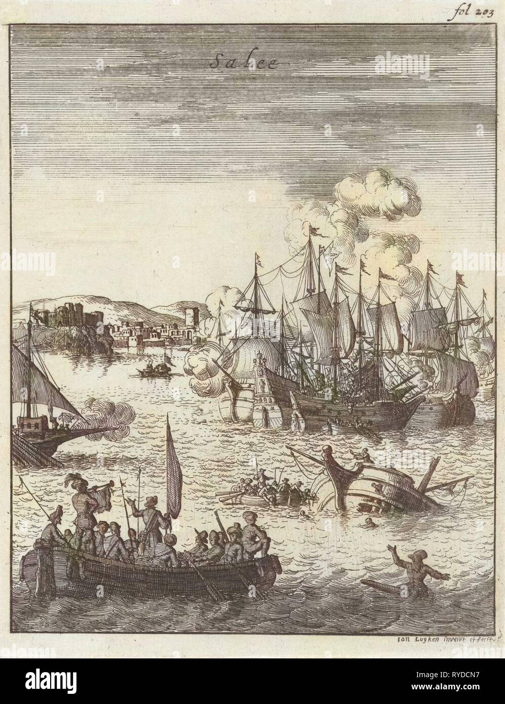 Seeschlacht vor der Küste von Salee, Marokko, Jan Luyken, 1684 Stockfoto