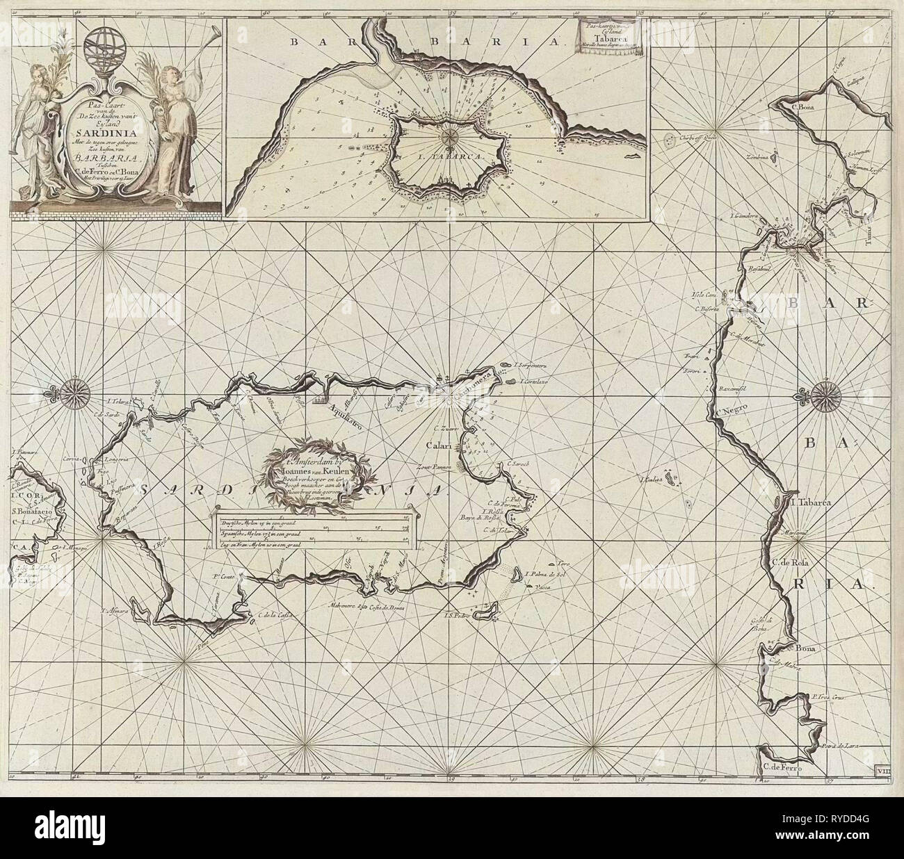 Seekarte der Insel Sardinien und Teil der Küste Nordafrikas, Anonym, Johannes van Keulen (I), unbekannt, 1682 - 1803 Stockfoto