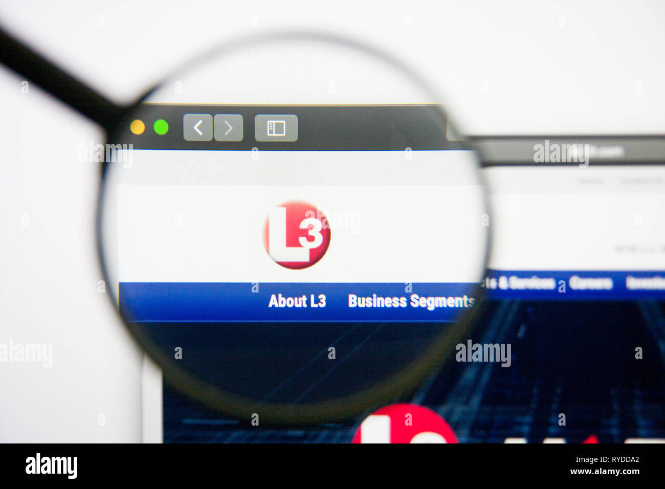 Los Angeles, Kalifornien, USA - 14. Februar 2019: L 3 Technologien für Luft- und Raumfahrt Homepage. L3 Technologies Logo auf dem Bildschirm sichtbar. Stockfoto