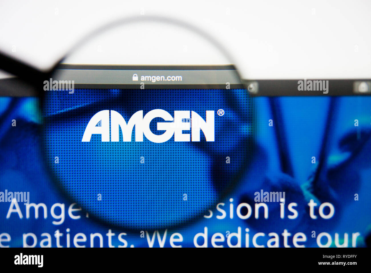 Los Angeles, Kalifornien, USA - 28. Februar 2019: Amgen Homepage. Amgen Logo auf dem Bildschirm sichtbar, Illustrative Editorial Stockfoto