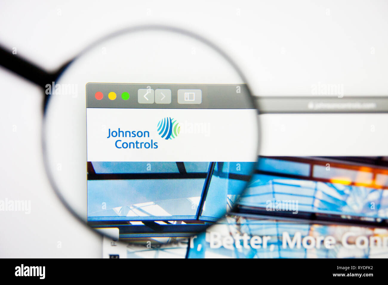 Los Angeles, Kalifornien, USA - 28. Februar 2019: Johnson Controls International Website Homepage. Johnson Controls International Logo sichtbar auf Geröll Stockfoto