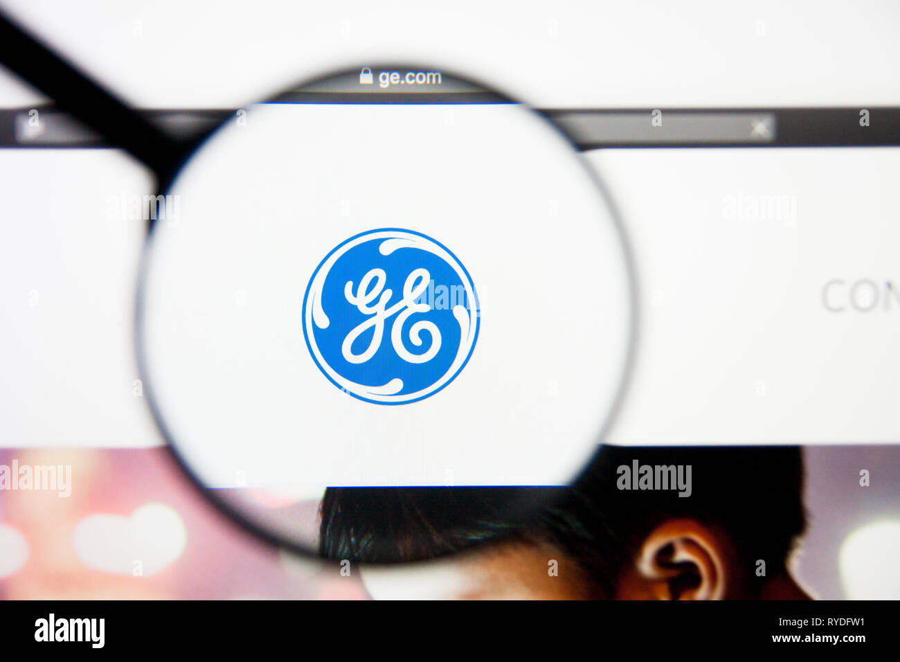 Los Angeles, Kalifornien, USA - 5. März 2019: General Electric Homepage. General Electric Logo sichtbar auf dem Display, Illustrative Stockfoto