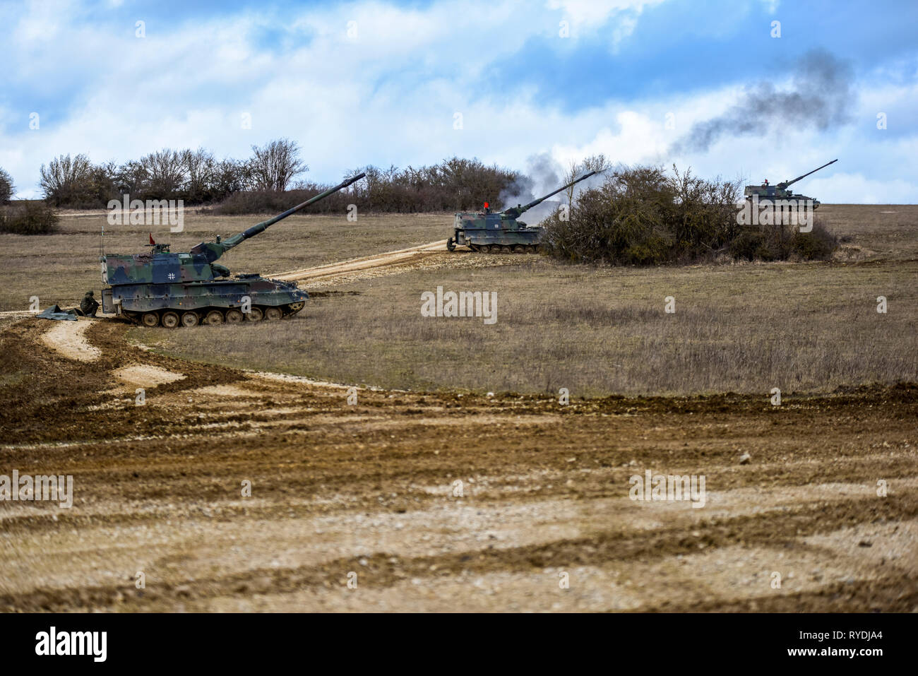 Deutscher Panzer Linie bis in die Gegend von grafenwöhr Training Area zu Feuer, 5. März 2019 während der Übung Dynamische Front 19. Übung Dynamische Front 19 umfasst ca. 3.200 Mitglieder aus 27 Nationen, die zu beobachten sind oder die Teilnahme von grafenwöhr Training Area, Deutschland; Riga, Lettland; und Torun, Polen; im März 2-9, 2019. Dynamische Vordere ist eine jährliche US-Army Europe Übung konzentriert sich auf die Bereitschaft und die Interoperabilität der US-Armee, gemeinsamen Dienst, und Verbündete und Partner Nationen Artillerie und Fire Support gemeinsam in einem multinationalen Umfeld. (U.S. Armee Foto Stockfoto