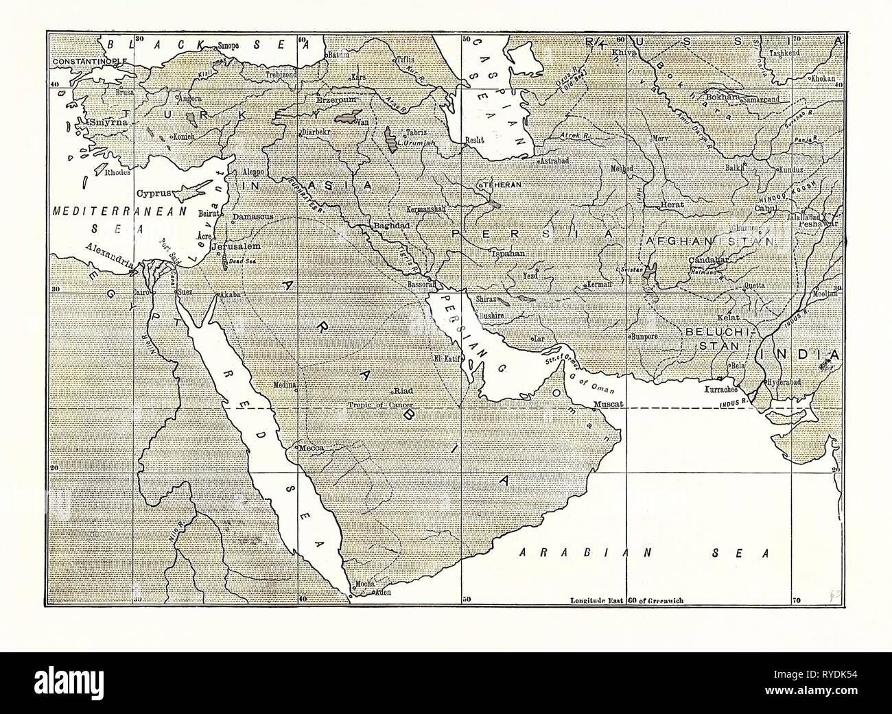 Karte von Zentralasien, Persien, Arabien und der Türkei in Asien Stockfoto