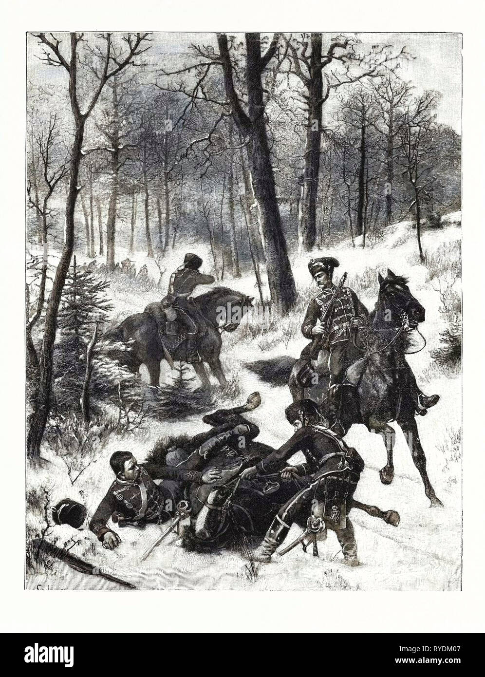 Deutsch-französischen Krieg: Raid auf einem husar Patrouille in der Nähe von Maimenon Ende Dezember, Frankreich Stockfoto