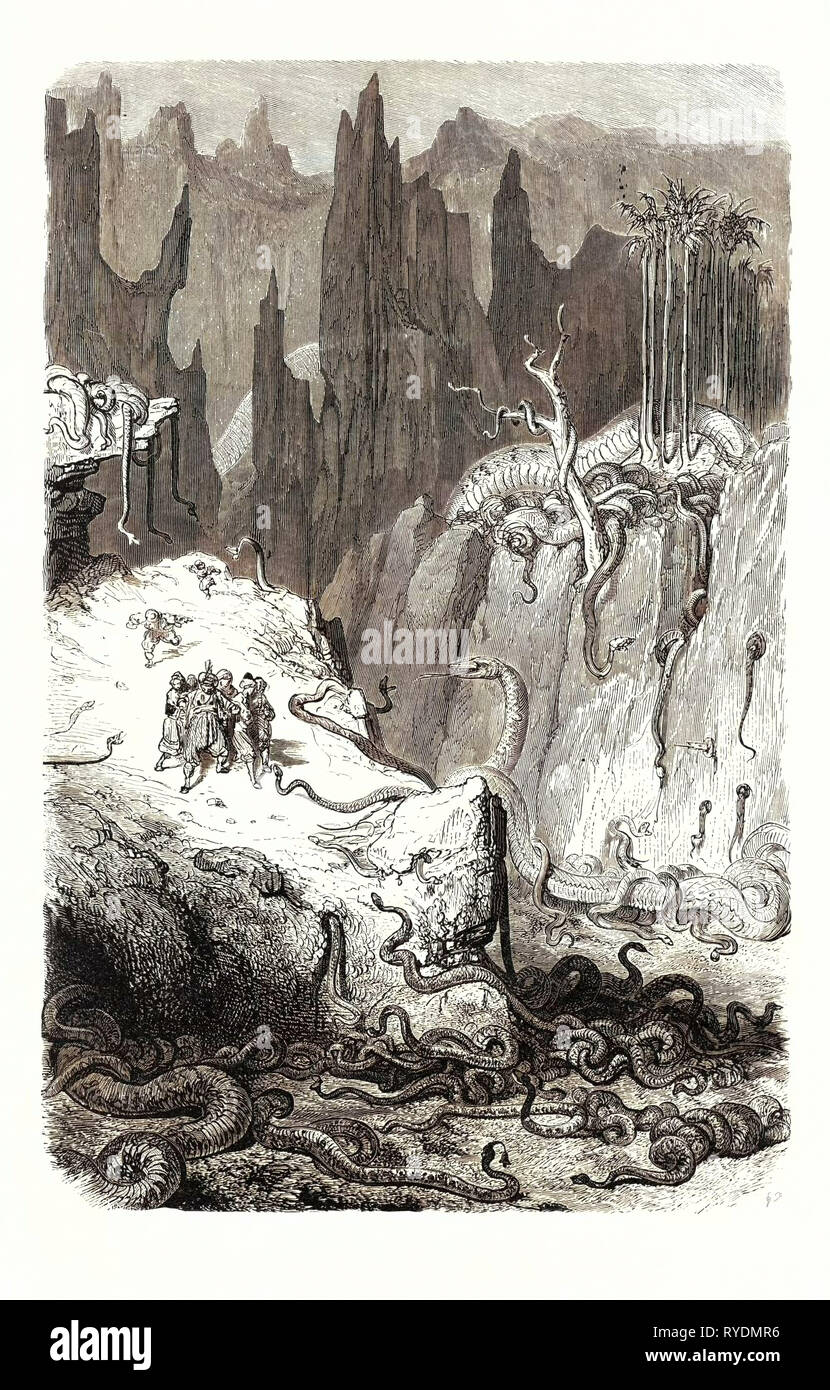 Sinbad unter den Schlangen im Tal der Diamanten. Von Gustave Doré, 1832-1883, Französisch. 1870, Kunst, Künstler, Romantik, Farbe, Farbe, Gravur, Arabischen, Persischen, Arabischen, Mythologie Stockfoto