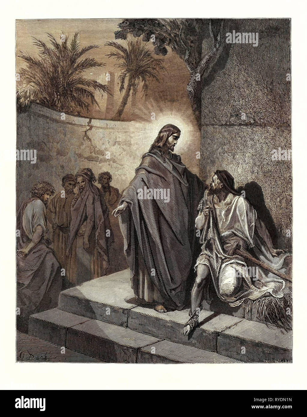 Jesus Heilung des Gichtbrüchigen, von Gustave Doré, 1832-1883, Französisch. Gravur für die Bibel. 1870, Kunst, Künstler, Heiliges Buch, Religion, Religionen, Christentum, Christ, Romantik, Farbe, Farbe Gravur Stockfoto