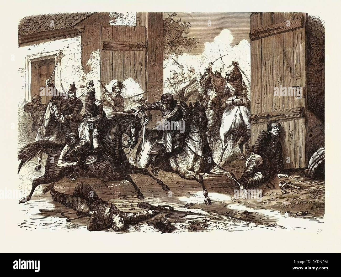 Deutsch-französischen Krieg: Deutsche Kavallerie von der Französischen, in Niederbronn, 1870 angegriffen Stockfoto