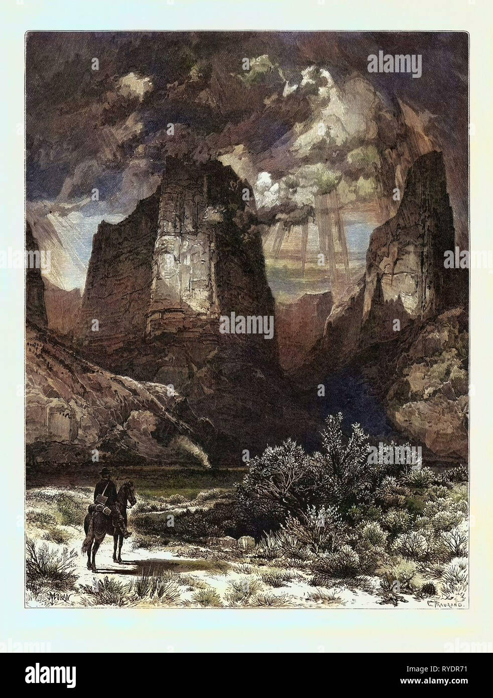 Der colburn Butte, in Kannarro Canyon. Thomas Moran (12. Februar 1837 - 25. August 1926) aus Bolton, England war ein US-amerikanischer Maler und Grafiker der Hudson River School in New York, deren Arbeit oft auf die Rocky Mountains. USA Stockfoto
