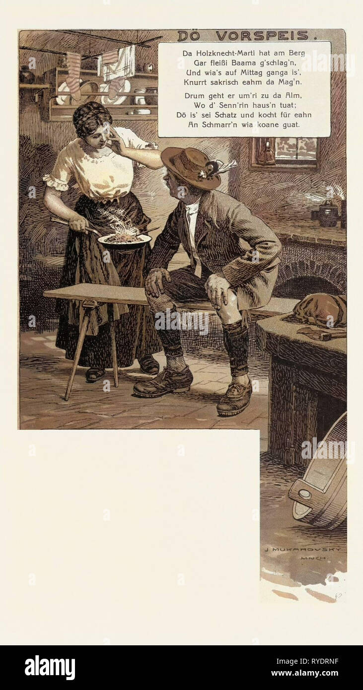In der Küche. Teller, Essen und Trinken, Mann, Frau, traditionelle deutsche Kleidung, Essen und Trinken, Liszt Gourmet Archiv Stockfoto