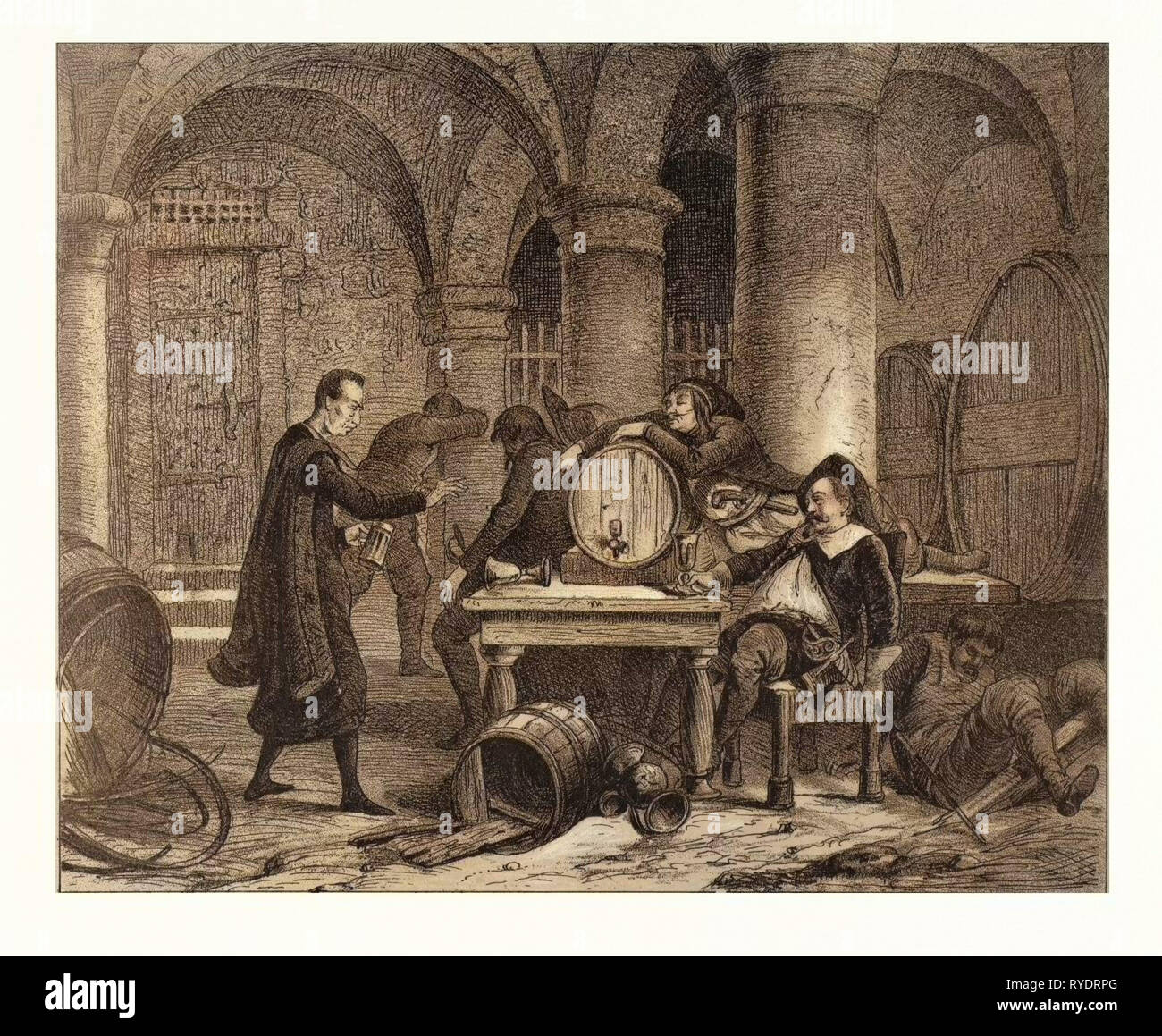 Eine Partei, die im 19. Jahrhundert im Weinkeller Stockfoto