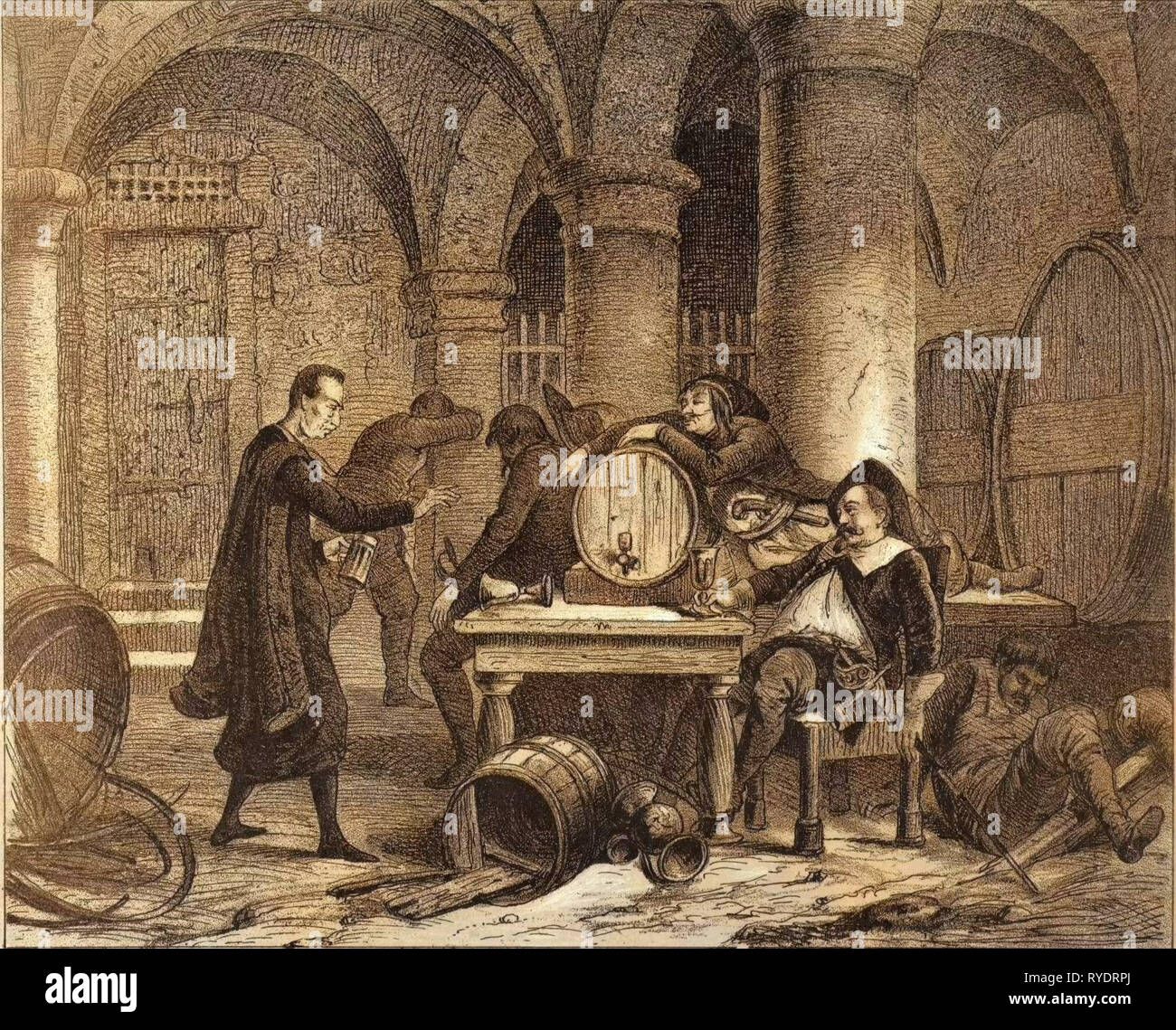 Eine Partei, die im 19. Jahrhundert im Weinkeller Stockfoto