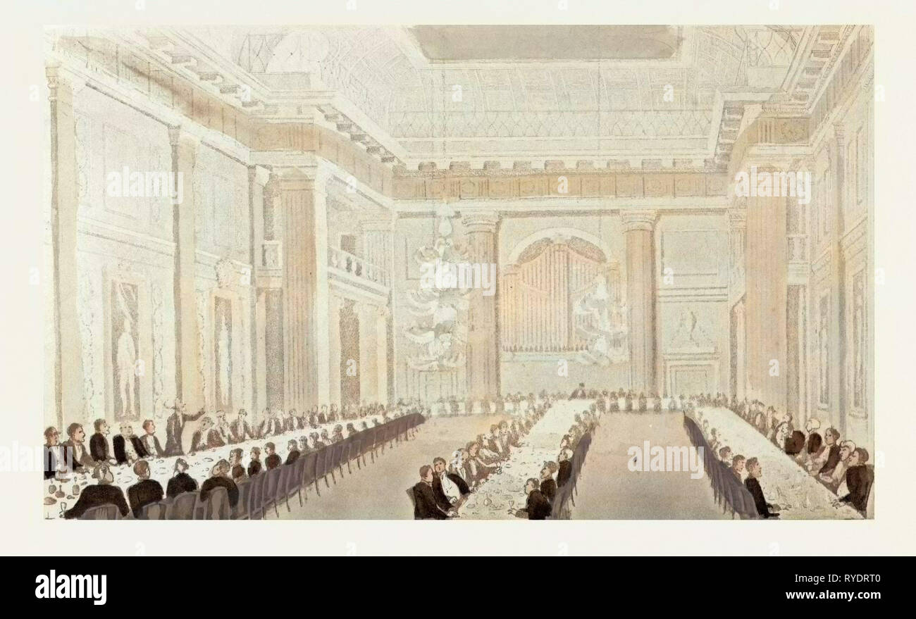 Dr. Syntax an sich Mason's Hall, London, UK, die einen Freimaurer Treffpunkt seit 1775, ca. 1820. Essen und Trinken, Esstisch, Personen, Abendessen, 19 farbige Aquatinta., Liszt Gourmet Archiv Stockfoto