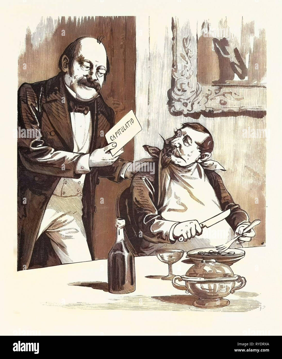 Abendessen nach der Kapitulation, Paris, Frankreich, 19. Jahrhundert, Franco preußischen Krieg 1871, Flasche Wein, Liszt Gourmet Archiv, Glas, Teller, Tisch, Mann, Messer Stockfoto