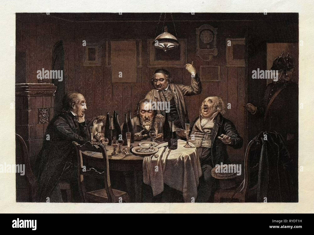 Die Gäste, 1864, Essen und Trinken, Tabelle, Flasche, Flaschen, Glas, Gläser, Wein, Sekt, Mann, Singen, Song, Pub, Spazierstock, Stuhl, Stühle, Teller, Austern, Polizei, 19. Jahrhundert, Lampe, Alkohol, Feiern, Leute, Weinglas, Kaukasier, Restaurant, glücklich, Glück, Trinken, Freundschaft, männlich, Freude, Spaß, Nacht, Lifestyle, zusammen, Gourmet, Sammeln, freudige, Weinbau, Abend, Indoor, Liszt Gourmet Archiv Stockfoto