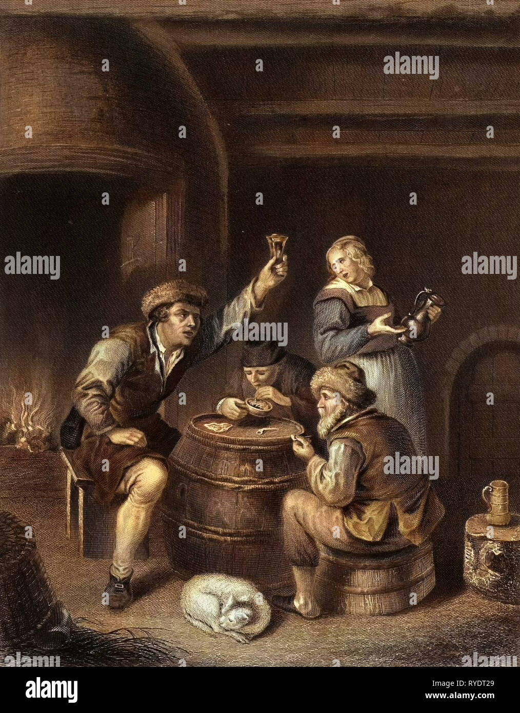 Trinken und Rauchen, Mann, Frau, Glas, Kanne, Leitung, Leitungen, Zylinder, 17. Jahrhundert, Niederländisch, Belgien, Korb, Cat, Interieur, Niederländischen Goldenen Zeitalter, Häusliche, Illustration, Essen und Trinken, Liszt Gourmet Archiv Stockfoto