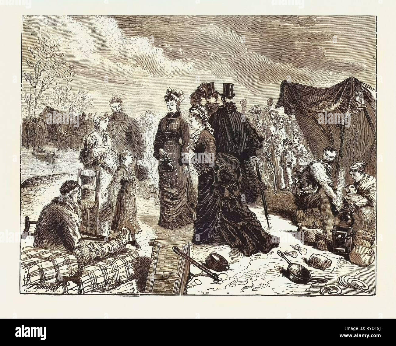Die Überschwemmungen in und um Paris: Madame Maahon besuchen und die Verteilung von Hilfe für die Betroffenen. Gravur 1876, Frankreich, Europa Stockfoto