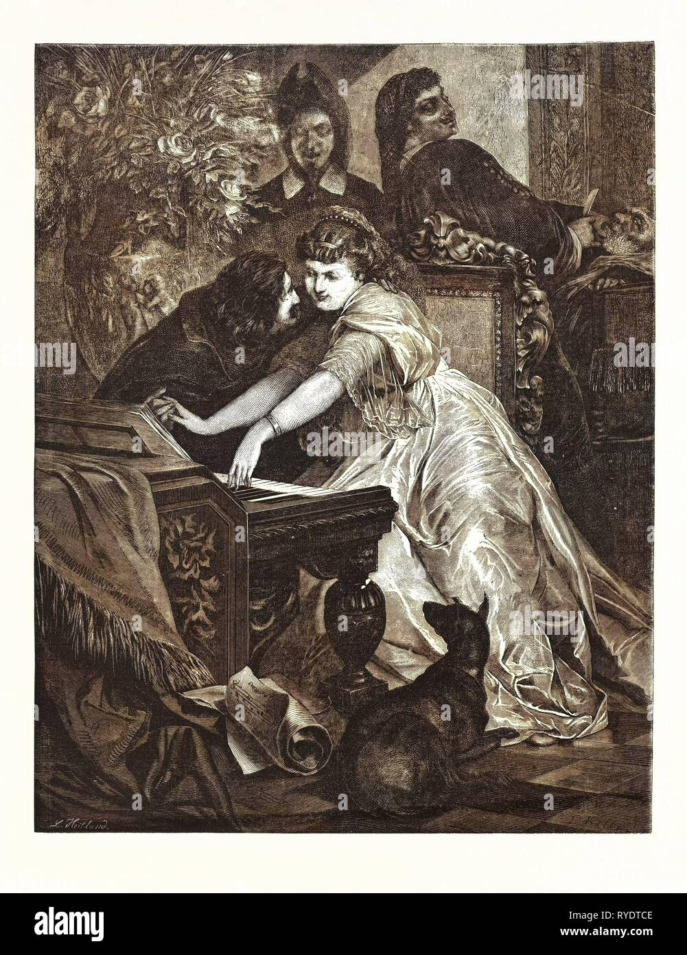 Szene der Oper Il Barbiere di Siviglia von Gioachino Rossini Gravur 1876 Stockfoto