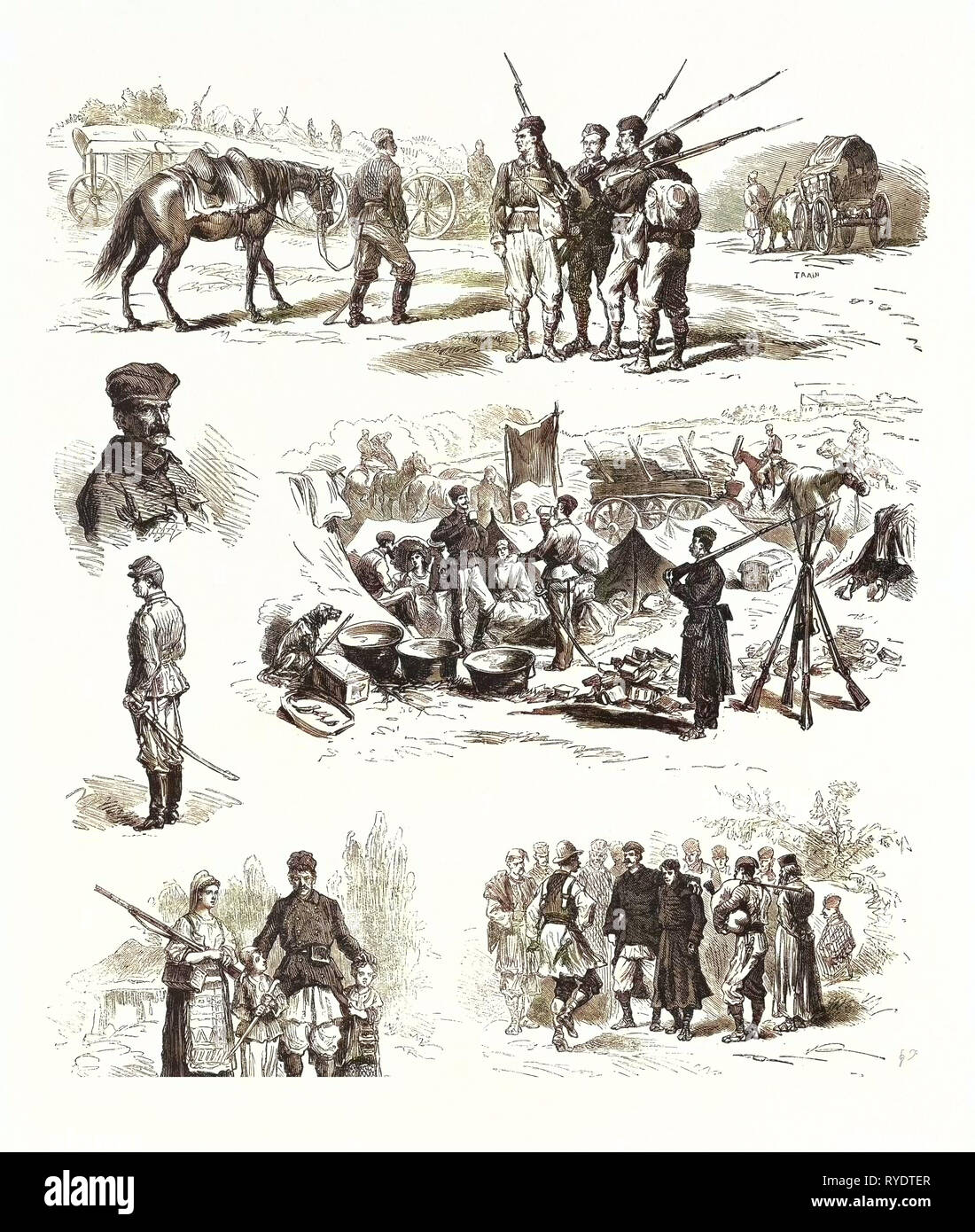 Die Turco Servian Krieg: Kavallerie und Infanterie der Reserve Offiziere, das Camp Adieu Soldaten Tanzen, Gravur 1876 Stockfoto
